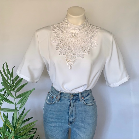 v i n t a g e :: Romantic Floral Lace High Neck Pearl Satin Blouse - Picture 9 of 14